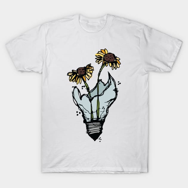 Light bulb with yellow flowers sketch T-Shirt by linespace-001